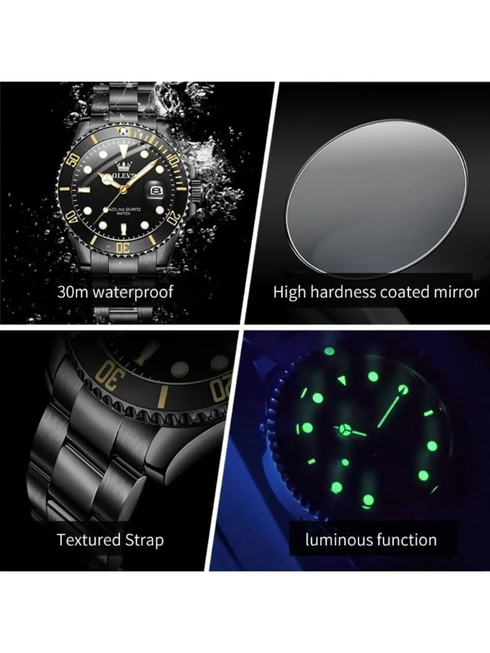 Men's Black Luxury Stainless Steel Waterproof Quartz Big Face Fashion Wristwatch